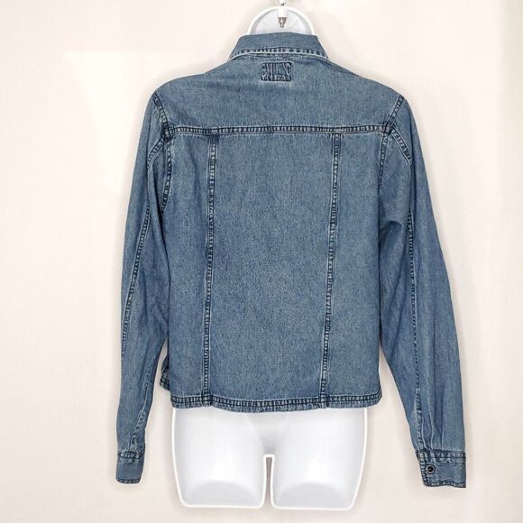 Vtg Denim Snap Front Shirt M Collared Floral Embroidered Beaded Blue Black - Picture 5 of 7